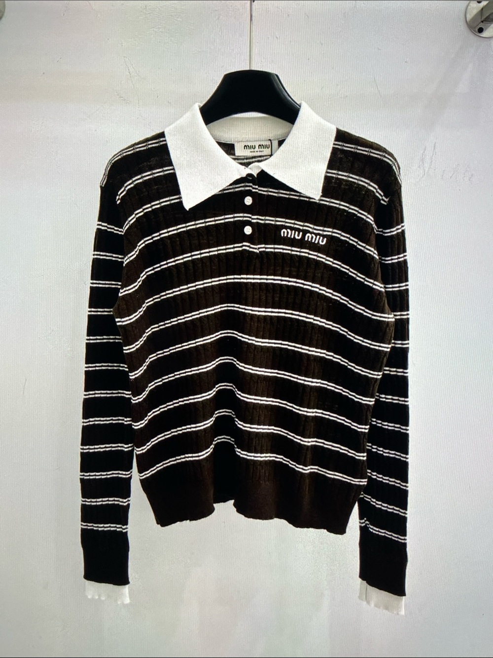 Miu Miu Black and White Striped V‑Neck Polo Sweater